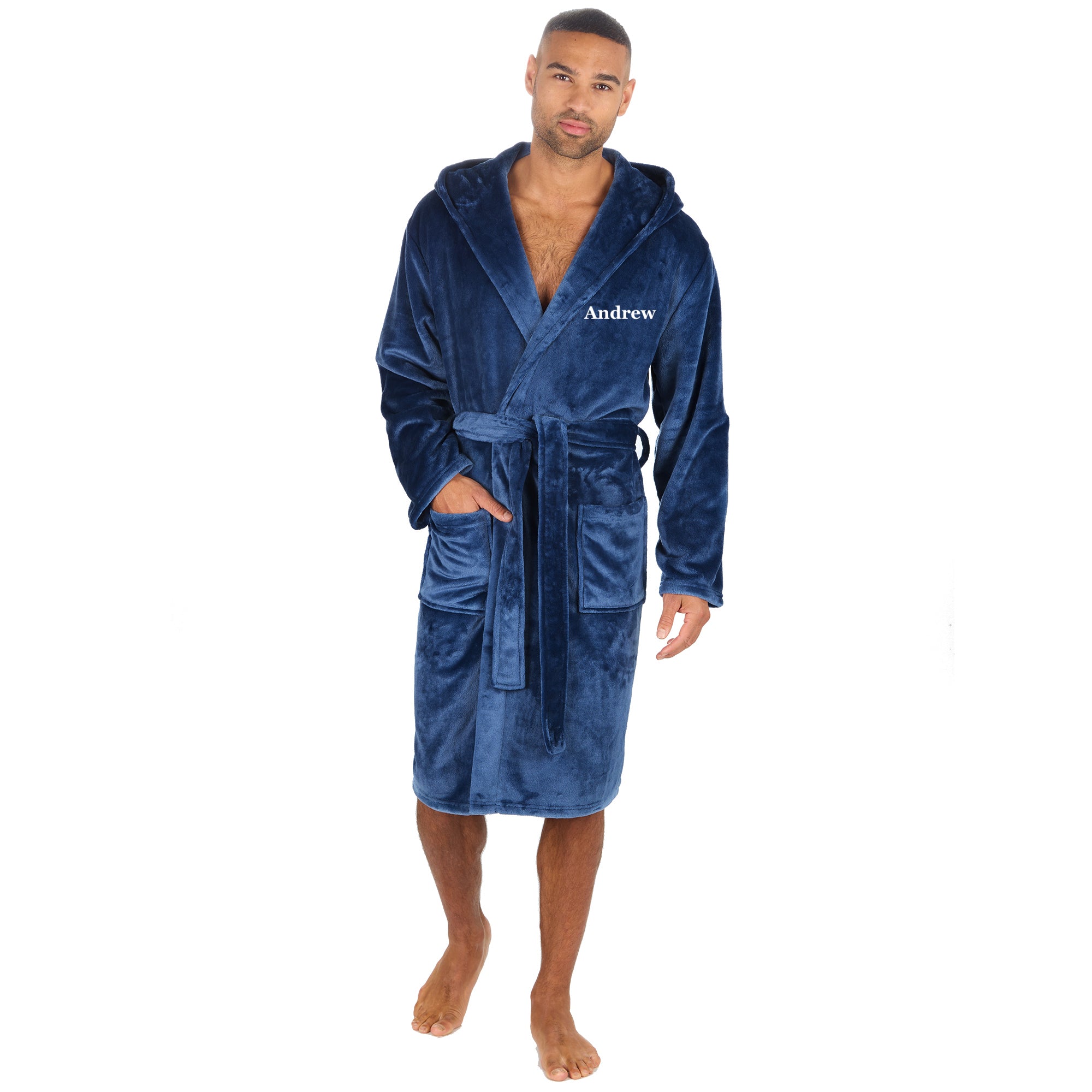 Mens personalised hooded plush dressing gown Black