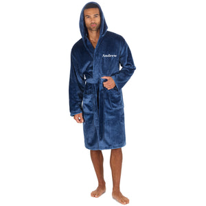 Mens personalised hooded plush dressing gown Black