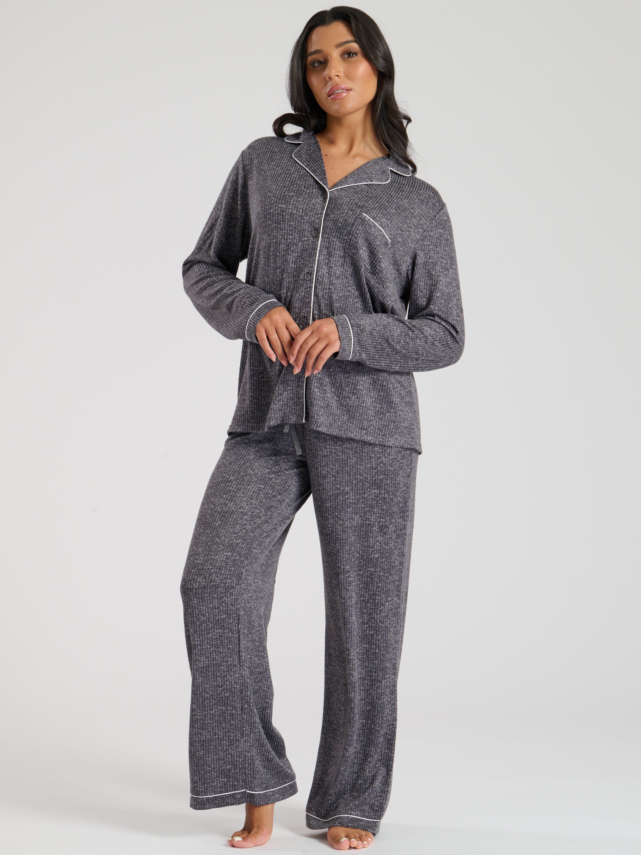 Ladies personalised brushed rib long personalised pyjama set Oat