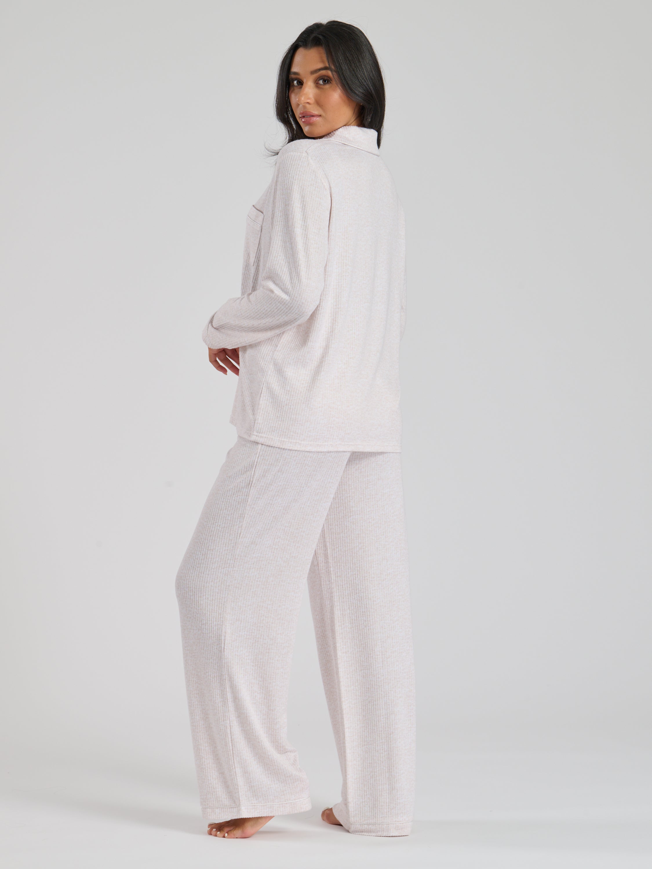 Ladies personalised brushed rib long personalised pyjama set Oat