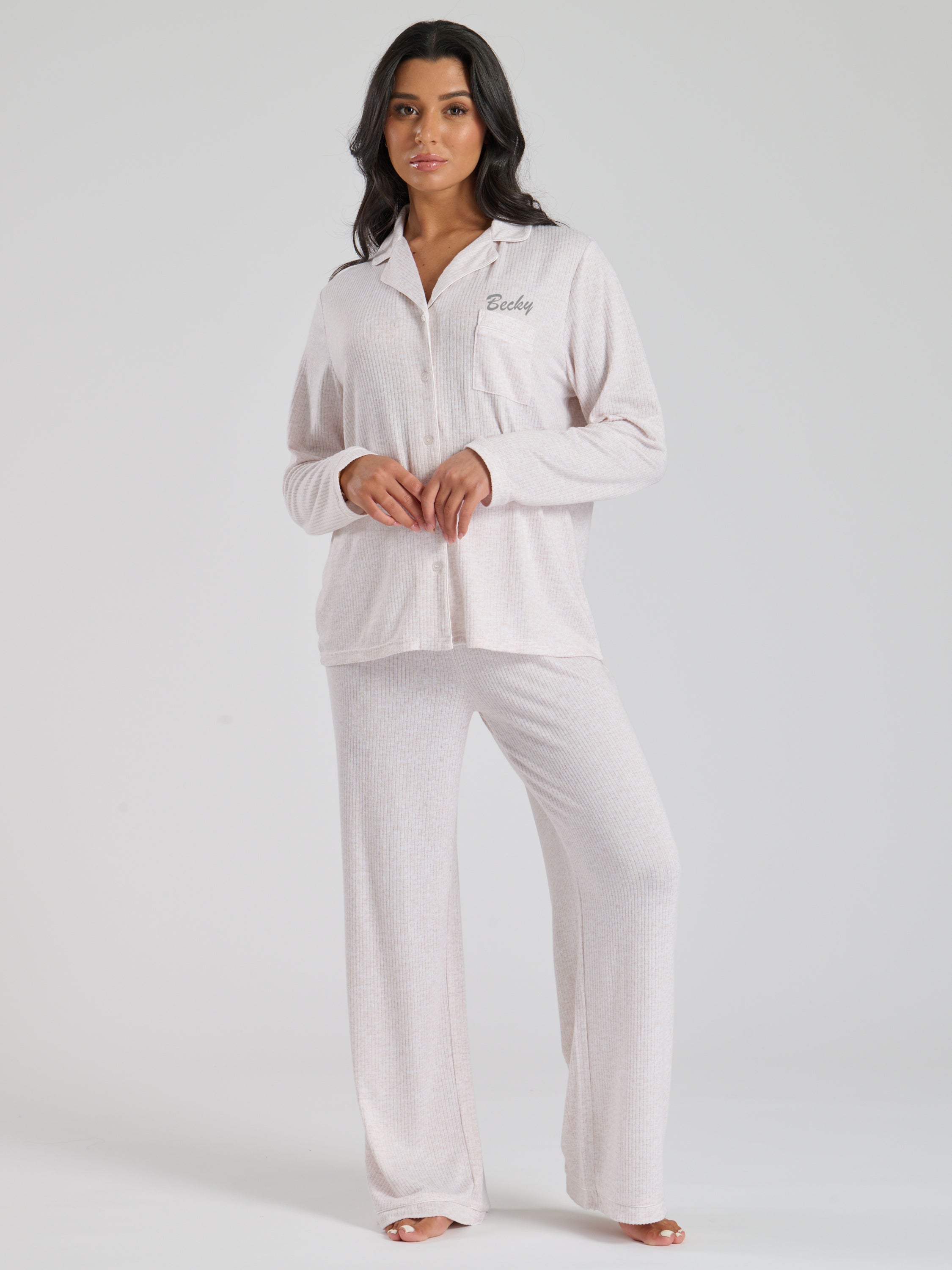 Ladies personalised brushed rib long personalised pyjama set Oat