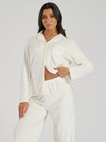 Load image into Gallery viewer, Ladies personalised velour long personalised pyjama set Cream
