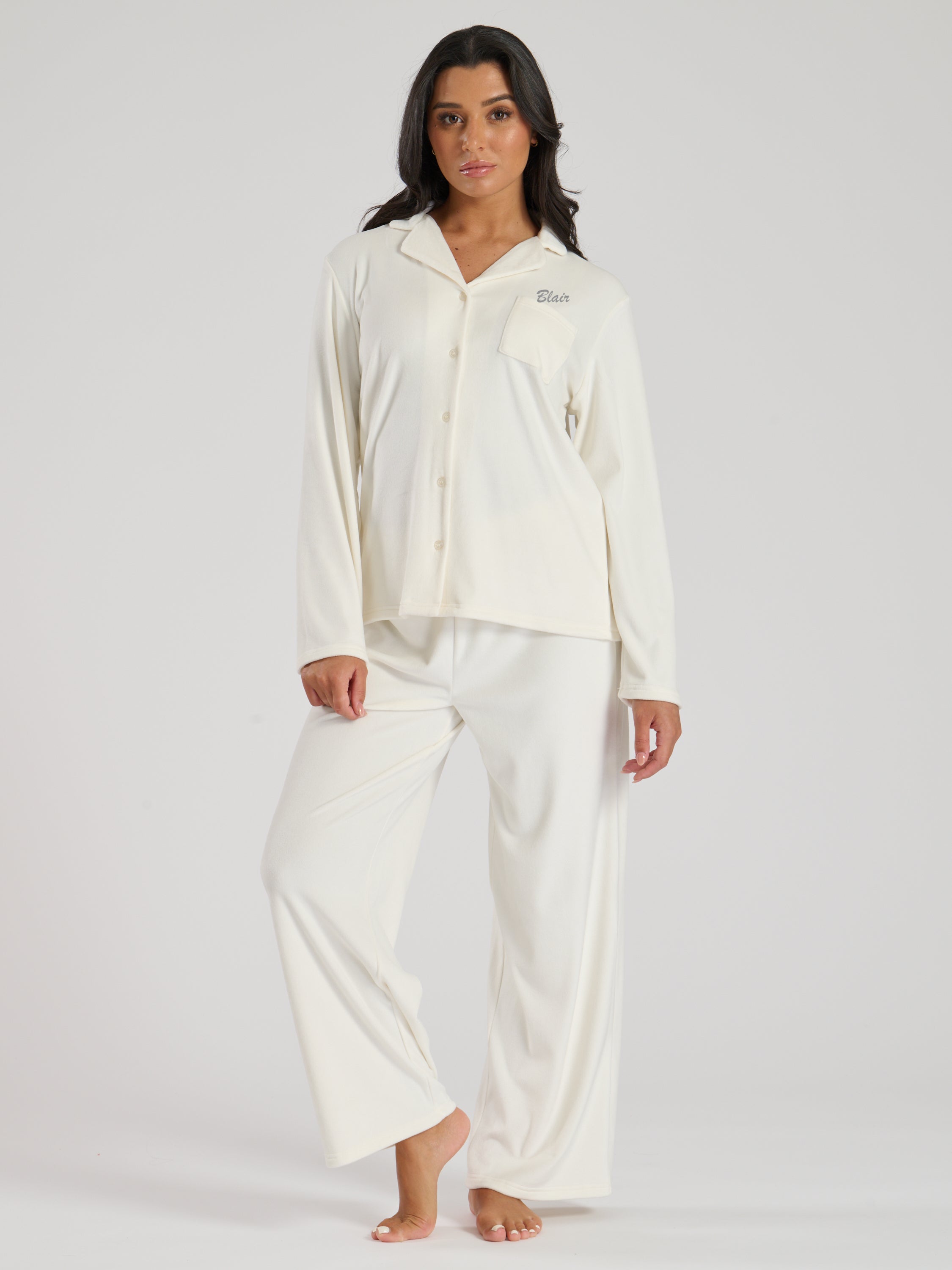 Ladies personalised velour long personalised pyjama set Cream