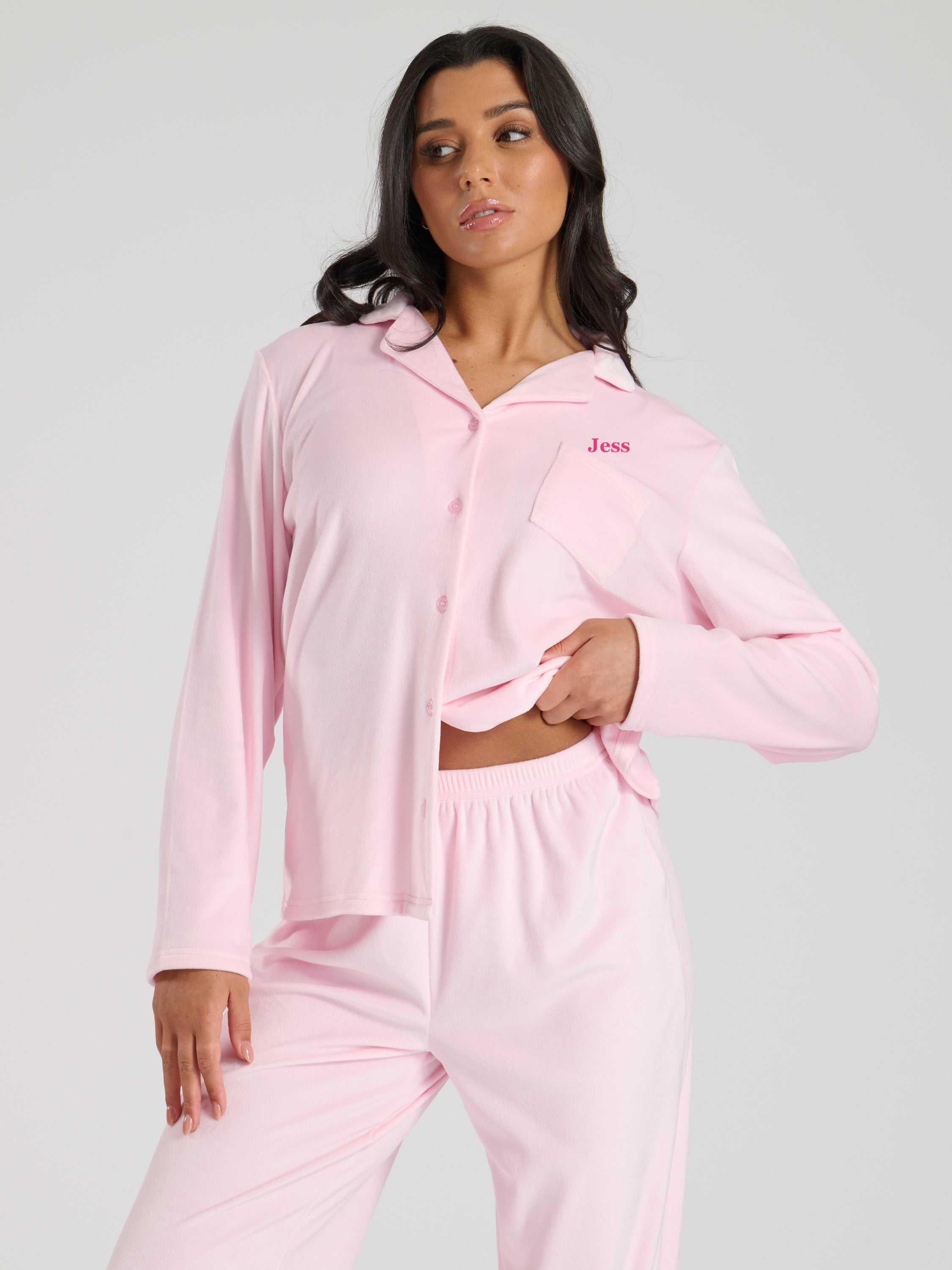 Ladies personalised velour long personalised pyjama set Cream