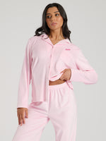 Load image into Gallery viewer, Ladies personalised velour long personalised pyjama set Pink
