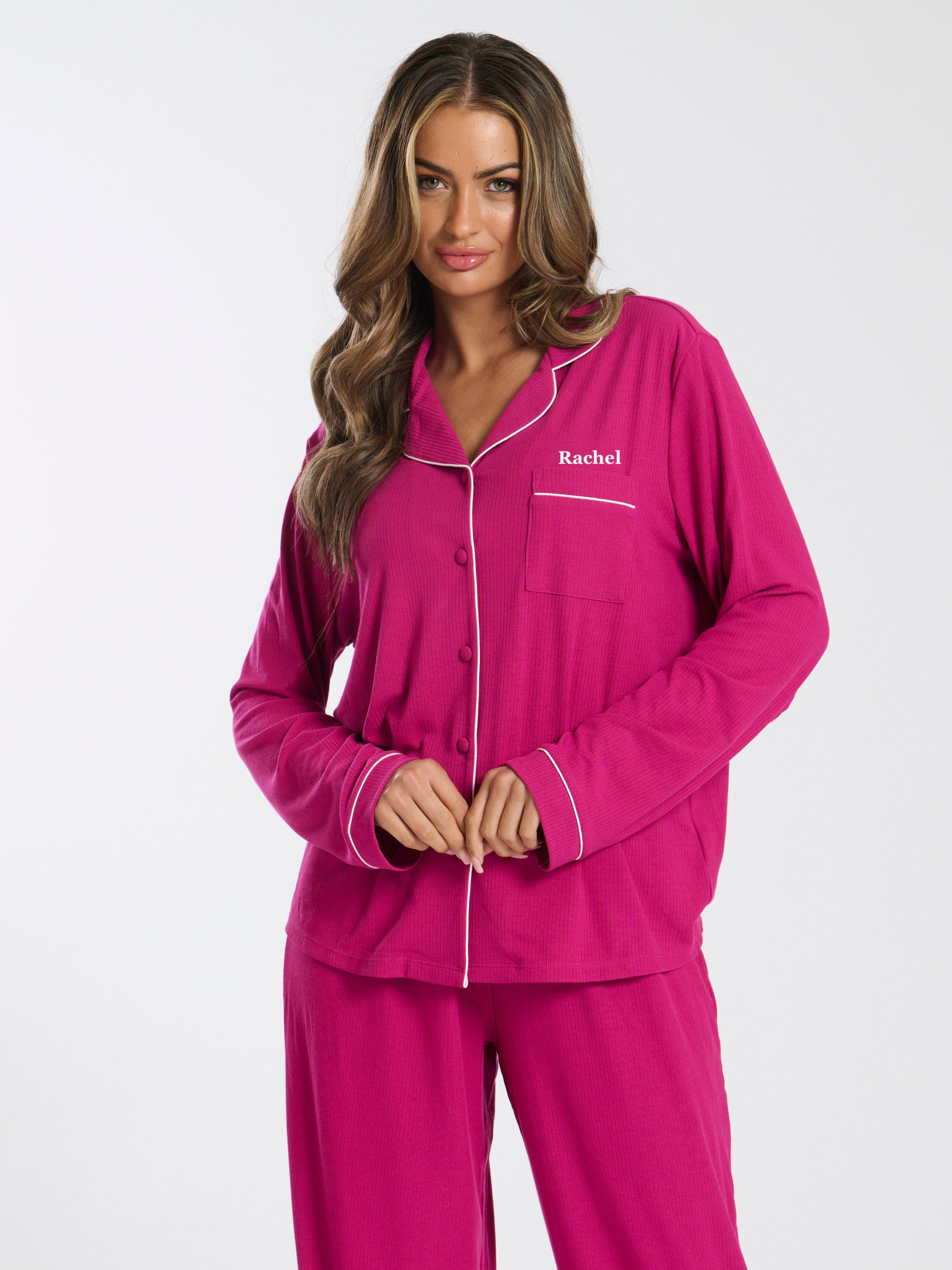 Ladies personalised luxury long personalised pyjama set Hot Pink