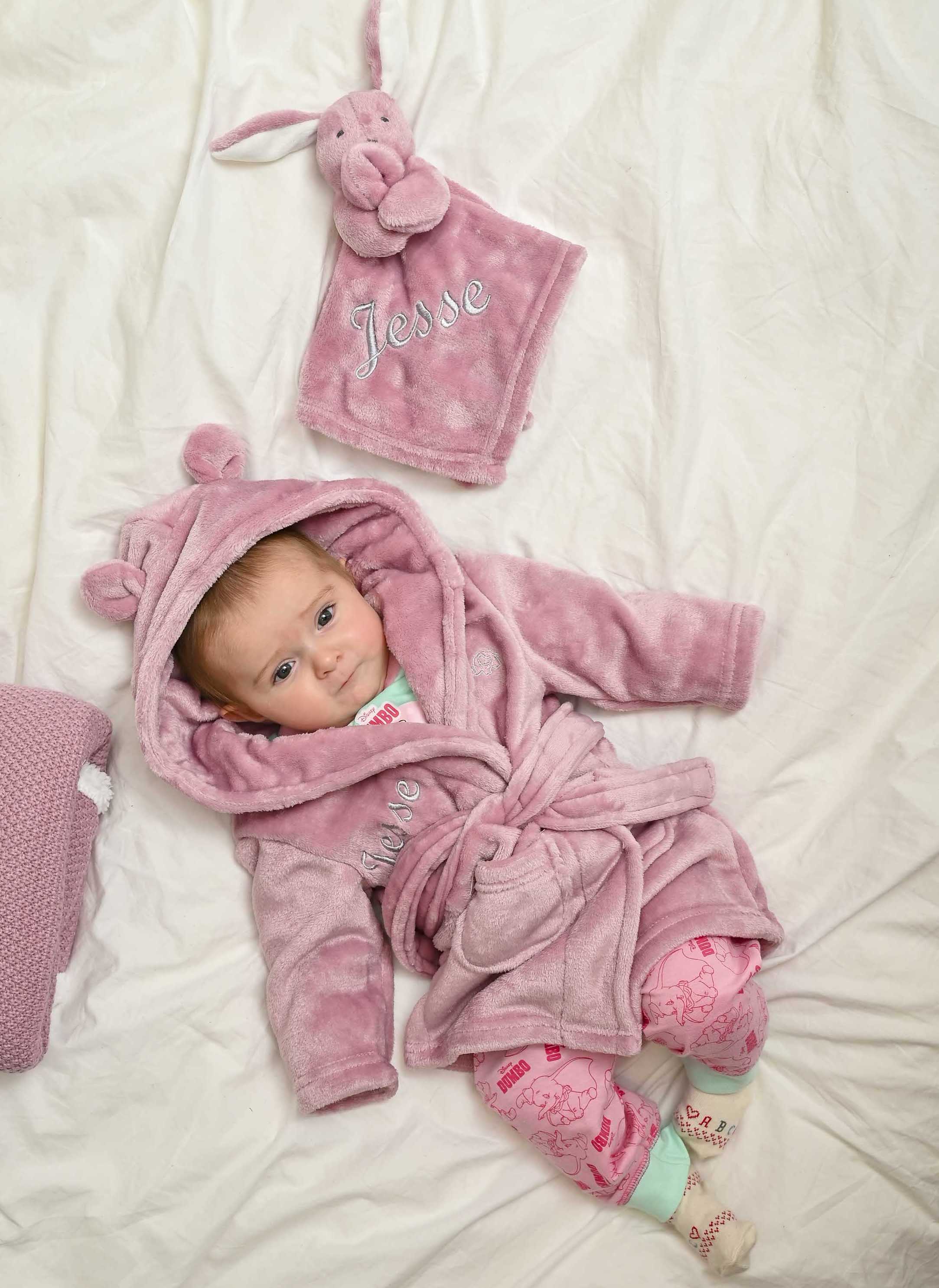 Babies Dusky Pink dressing gown and comforter gift set. This super soft dressing gown and dressing gown is matched in the same fabric with a special personalised touch added to the front of both.