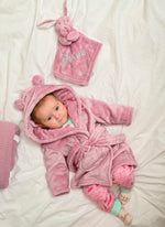 Load image into Gallery viewer, Babies Dusky Pink dressing gown and comforter gift set. This super soft dressing gown and dressing gown is matched in the same fabric with a special personalised touch added to the front of both.
