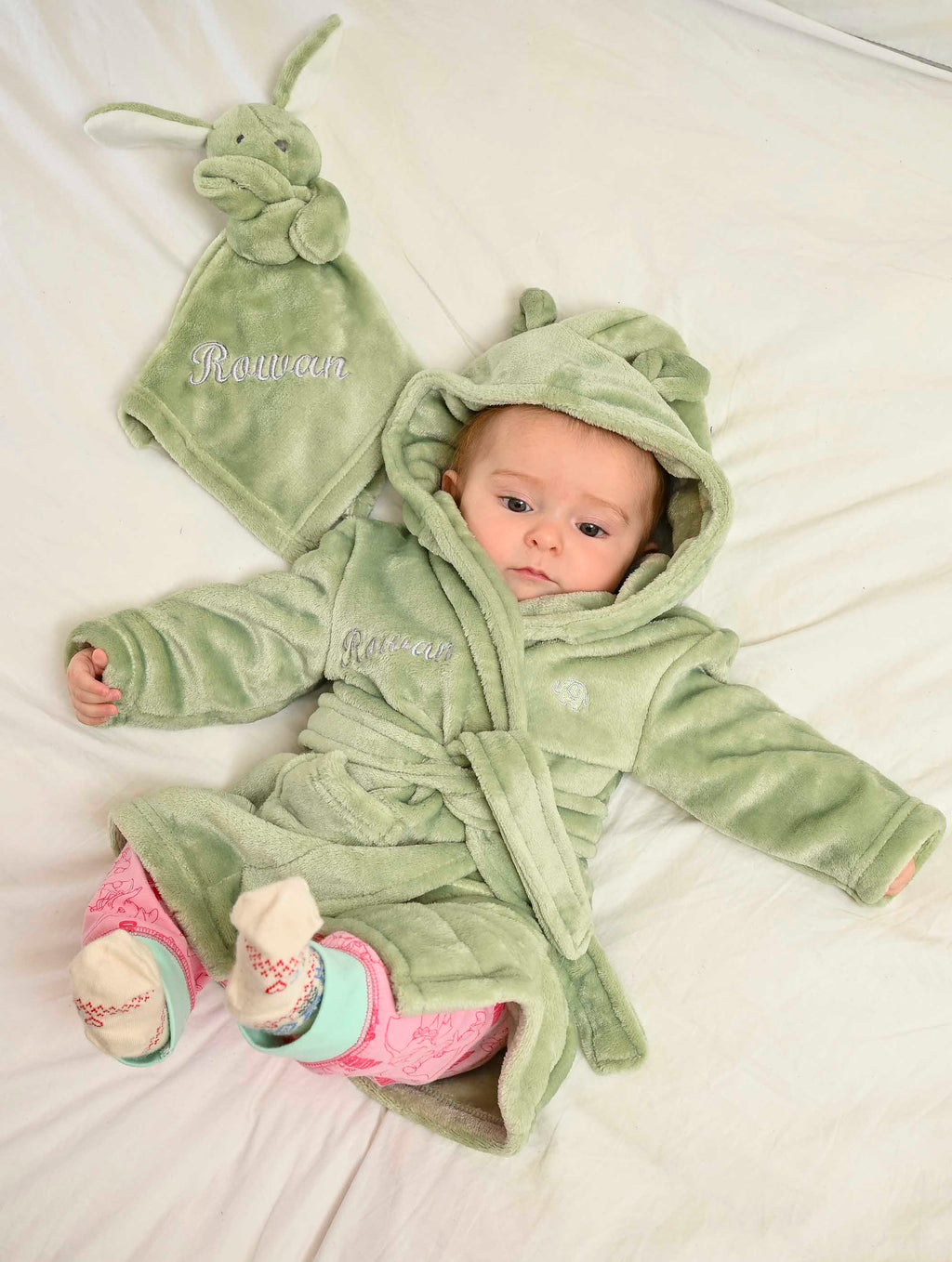 Babies Green dressing gown and comforter gift set. This super soft dressing gown and dressing gown is matched in the same fabric with a special personalised touch added to the front of both.