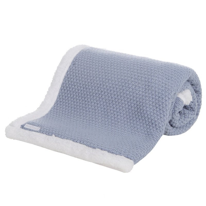 Babies Dusky Blue knitted blanket is super soft and thick, perfect for keeping your little one warm and cosy. With a sherpa lining to the back and embroidered personalisation to the front. Size 75x90cm.