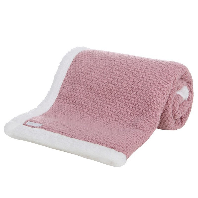 Babies Dusky Pink knitted blanket is super soft and thick, perfect for keeping your little one warm and cosy. With a sherpa lining to the back and embroidered personalisation to the front. Size 75x90cm.