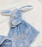 Load image into Gallery viewer, our Babies personalised bunny comforter in Dusky Blue is crafted from super soft plush material, this comforter will keep your baby snug and content. Complete with your babies name personalised/embroidered to the front.
