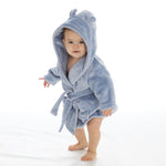 Load image into Gallery viewer,  Babies personalised Dusky Blue hooded dressing gown. Made from super soft material, it features an elephant embroidery to the chest as well as detailing pom pom ears and a hood. Make it extra special by adding a personalised touch.
