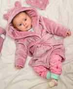 Load image into Gallery viewer,  Babies personalised Dusky Pink hooded dressing gown. Made from super soft material, it features an elephant embroidery to the chest as well as detailing pom pom ears and a hood. Make it extra special by adding a personalised touch.
