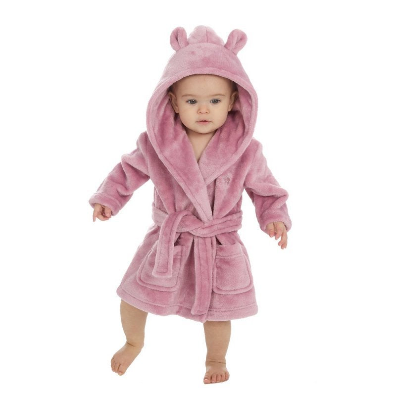  Babies personalised Dusky Pink hooded dressing gown. Made from super soft material, it features an elephant embroidery to the chest as well as detailing pom pom ears and a hood. Make it extra special by adding a personalised touch.