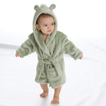 Load image into Gallery viewer,  Babies personalised Green hooded dressing gown. Made from super soft material, it features an elephant embroidery to the chest as well as detailing pom pom ears and a hood. Make it extra special by adding a personalised touch.
