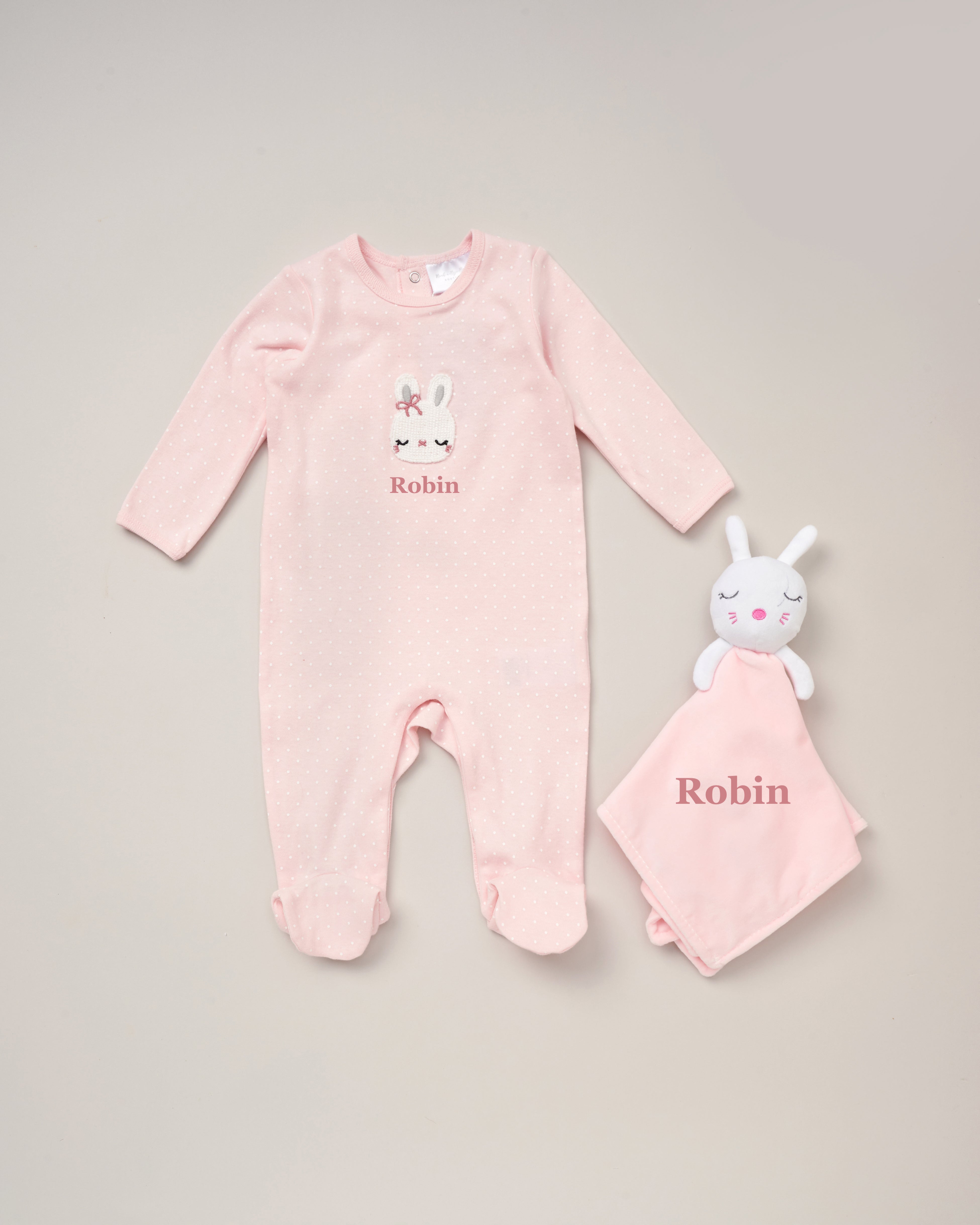 Babies personalised sleepsuit and bunny comforter gift set Pink