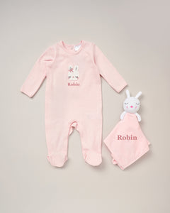 Babies personalised sleepsuit and bunny comforter gift set Pink