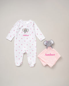 Babies personalised sleepsuit and elephant comforter gift set White/Pink