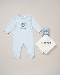 Babies personalised sleepsuit and tiger comforter gift set Blue/Cream