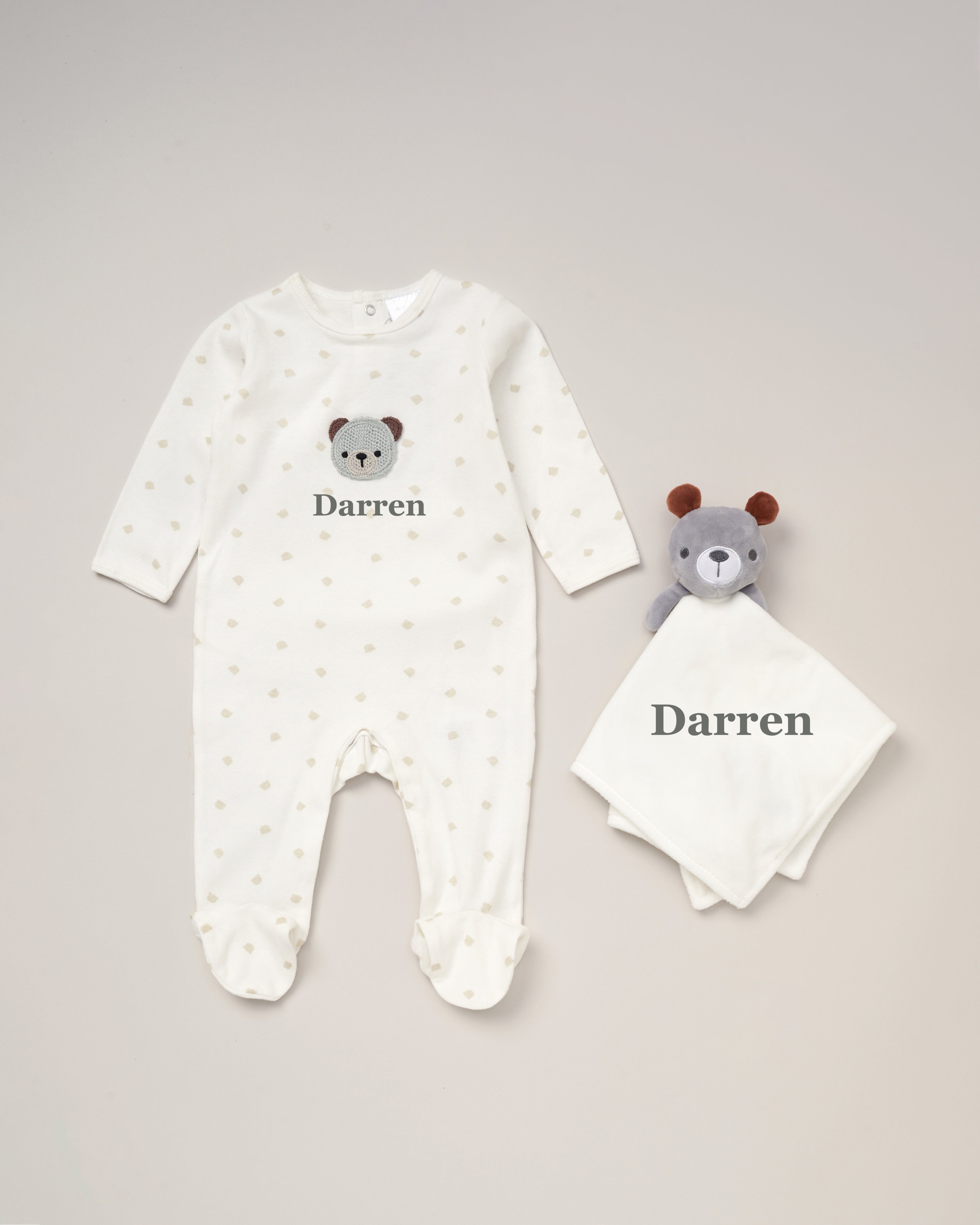 Babies personalised sleepsuit and bear comforter gift set White/Grey