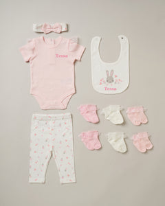 Baby girls personalised bunny/floral 10 piece gift set