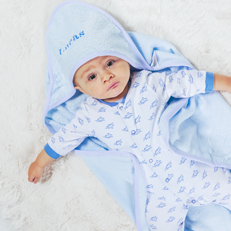 Babies personalised plain hooded towel/robe Light Blue