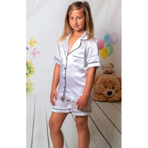 Kids unisex personalised short satin pyjamas