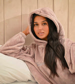 Load image into Gallery viewer, Our ladies charcoal over sized hoody is in a plush shimmer super soft fabric, with a hoody the back and pockets in the seams on either side. This will be personalised on the chest.
