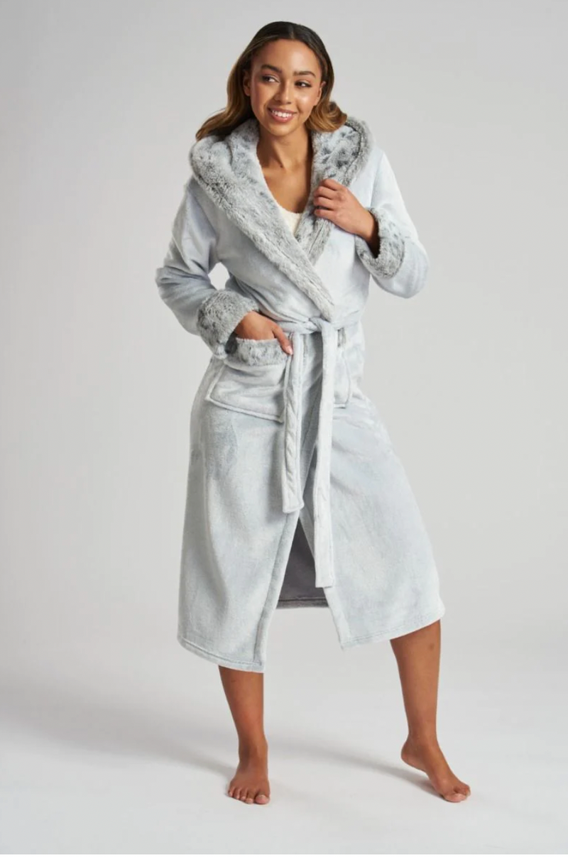 Ladies leopard fleece midi personalised dressing gown Light Grey