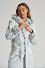 Ladies leopard fleece midi personalised dressing gown Light Grey