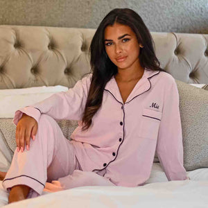 Pre-order- Lulabay ladies personalised jersey long sleeve shirt and trouser pyjama set