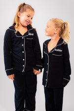 Load image into Gallery viewer, Girls long jersey personalised pyjamas Black
