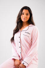 Load image into Gallery viewer, Lulabay ladies personalised jersey long sleeve shirt and trouser pyjama set
