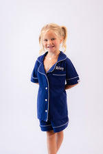 Load image into Gallery viewer, Girls short jersey personalised pyjamas Navy
