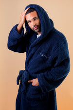 Load image into Gallery viewer, Mens personalised hooded premium dressing gown Black
