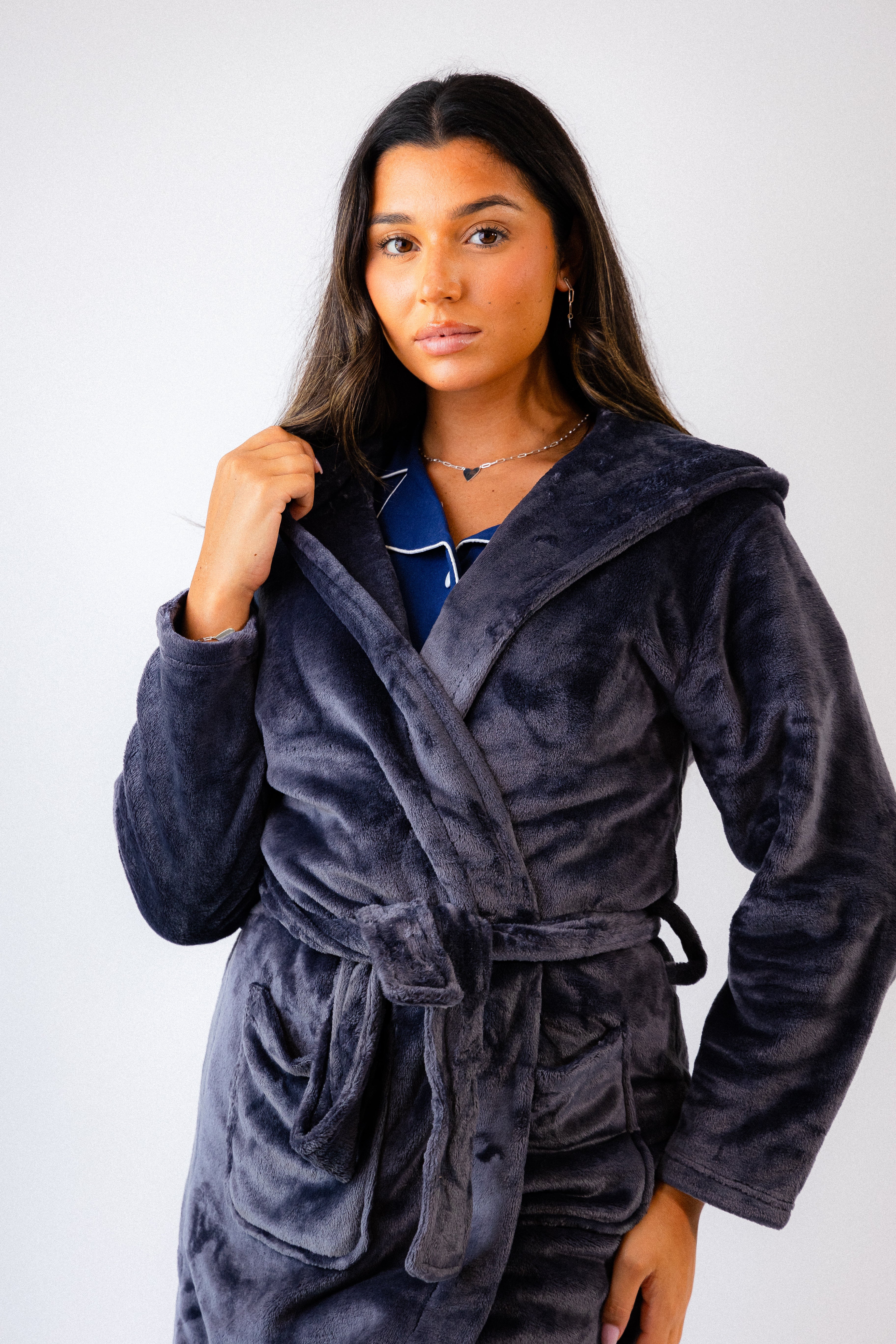 Ladies plush fleece personalised dressing gown Charcoal