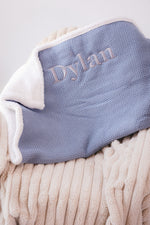 Load image into Gallery viewer, Babies personalised unisex knitted sherpa lined blanket Dusky Blue
