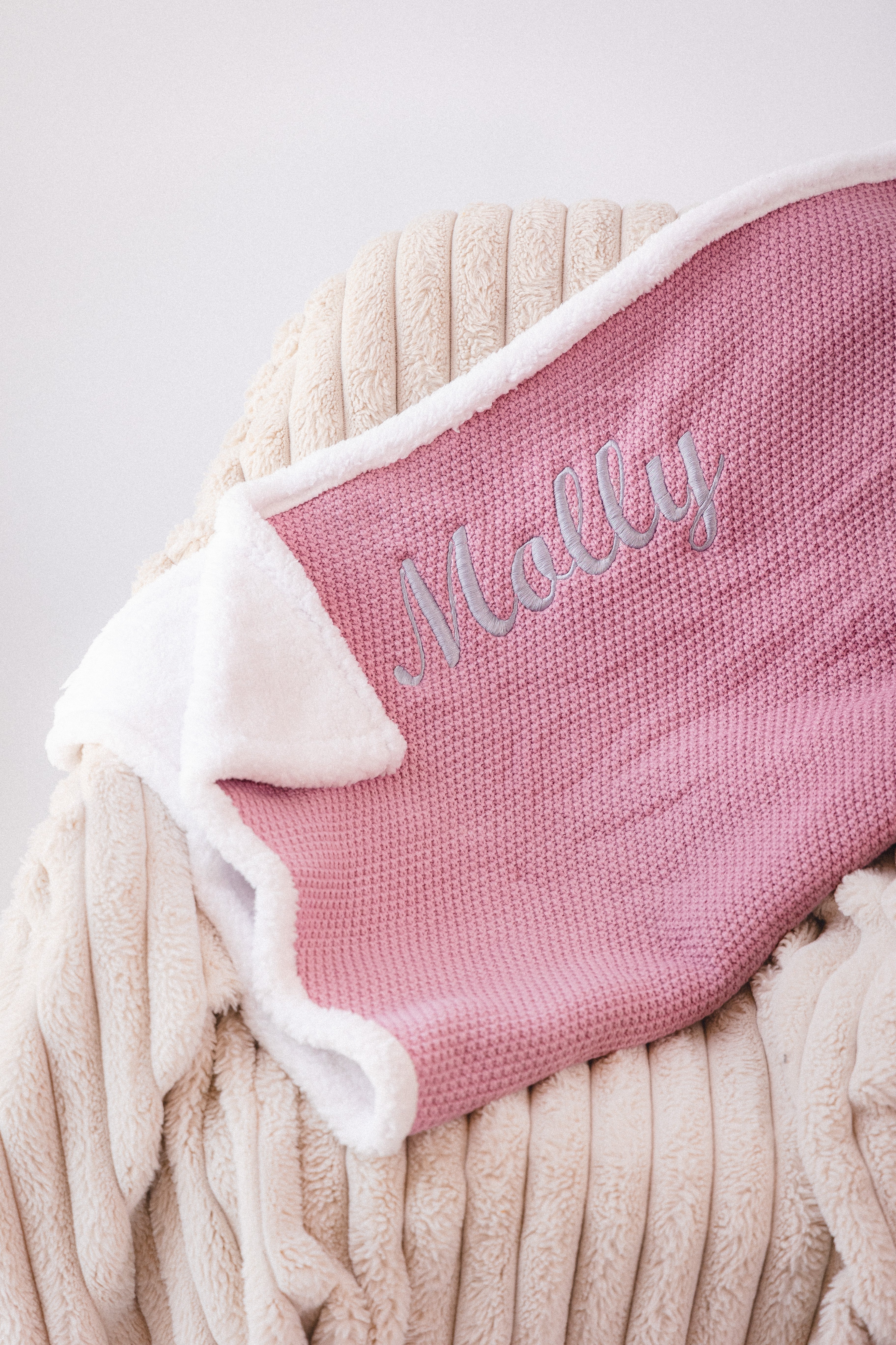 Babies personalised unisex knitted sherpa lined blanket Dusky Blue