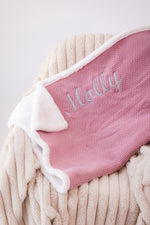 Load image into Gallery viewer, Babies personalised unisex knitted sherpa lined blanket Dusky Blue
