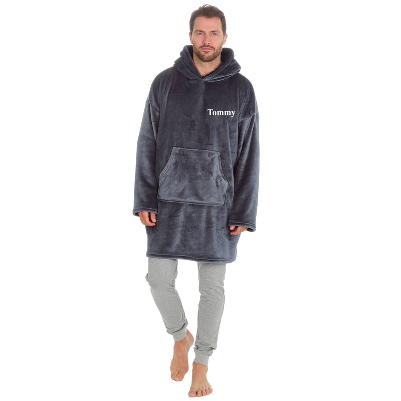 This mens Charcoal over sized hoodie made from a super plush fabric with a Black borg lined hood for extra warmth. With a hood to the back and a kangaroo pocket to the front. Complete with your name embroidered to the chest. 