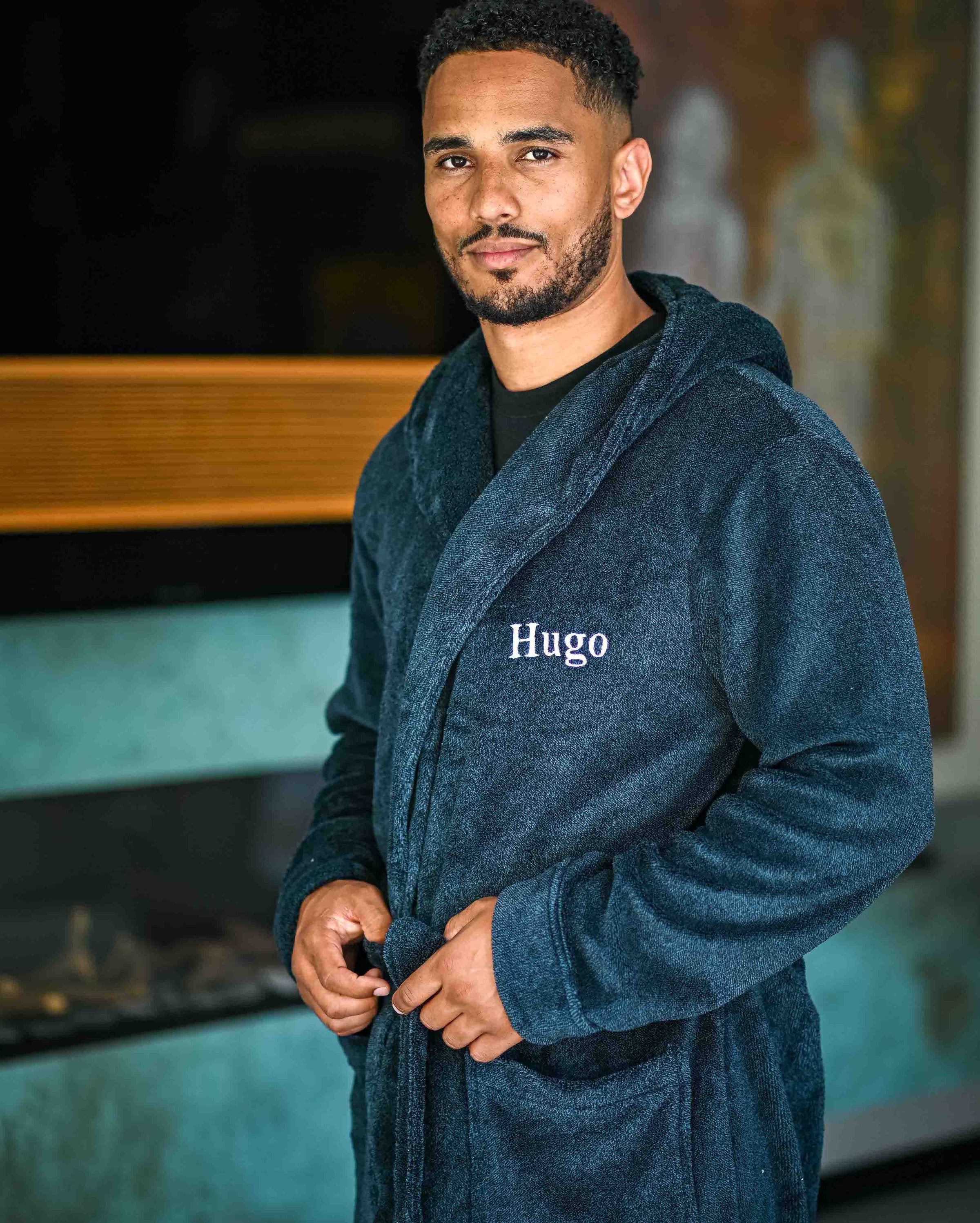 Mens personalised hooded two tone dressing gown and slippers gift