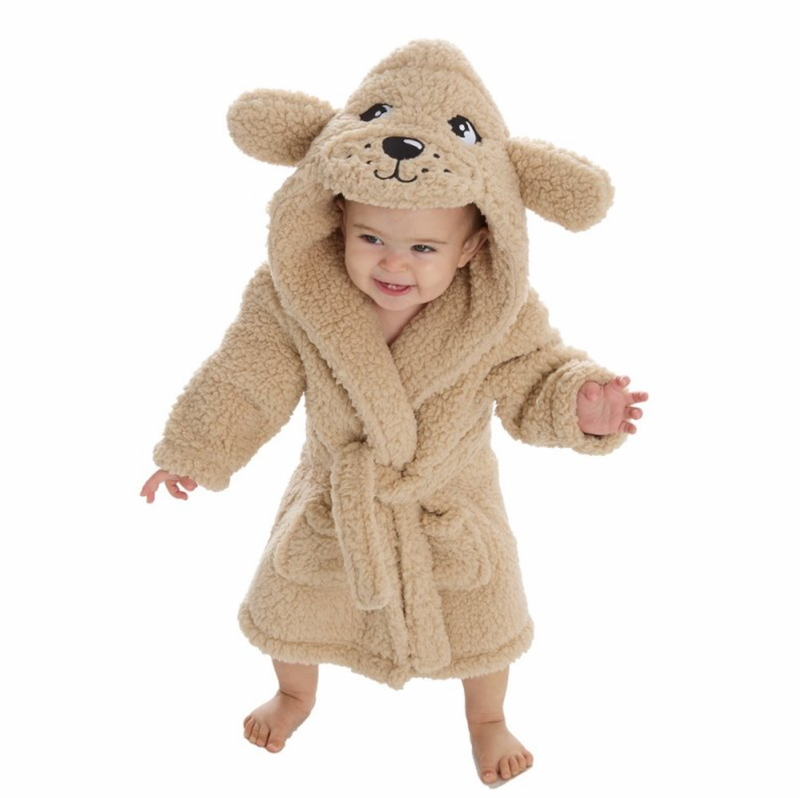 Kids unisex personalised puppy hooded Borg dressing gown