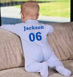 Load image into Gallery viewer, Babies personalised football theme sleepsuit
