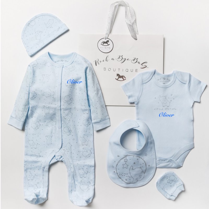 Baby boys personalised elephant 6 piece mesh bag gift set
