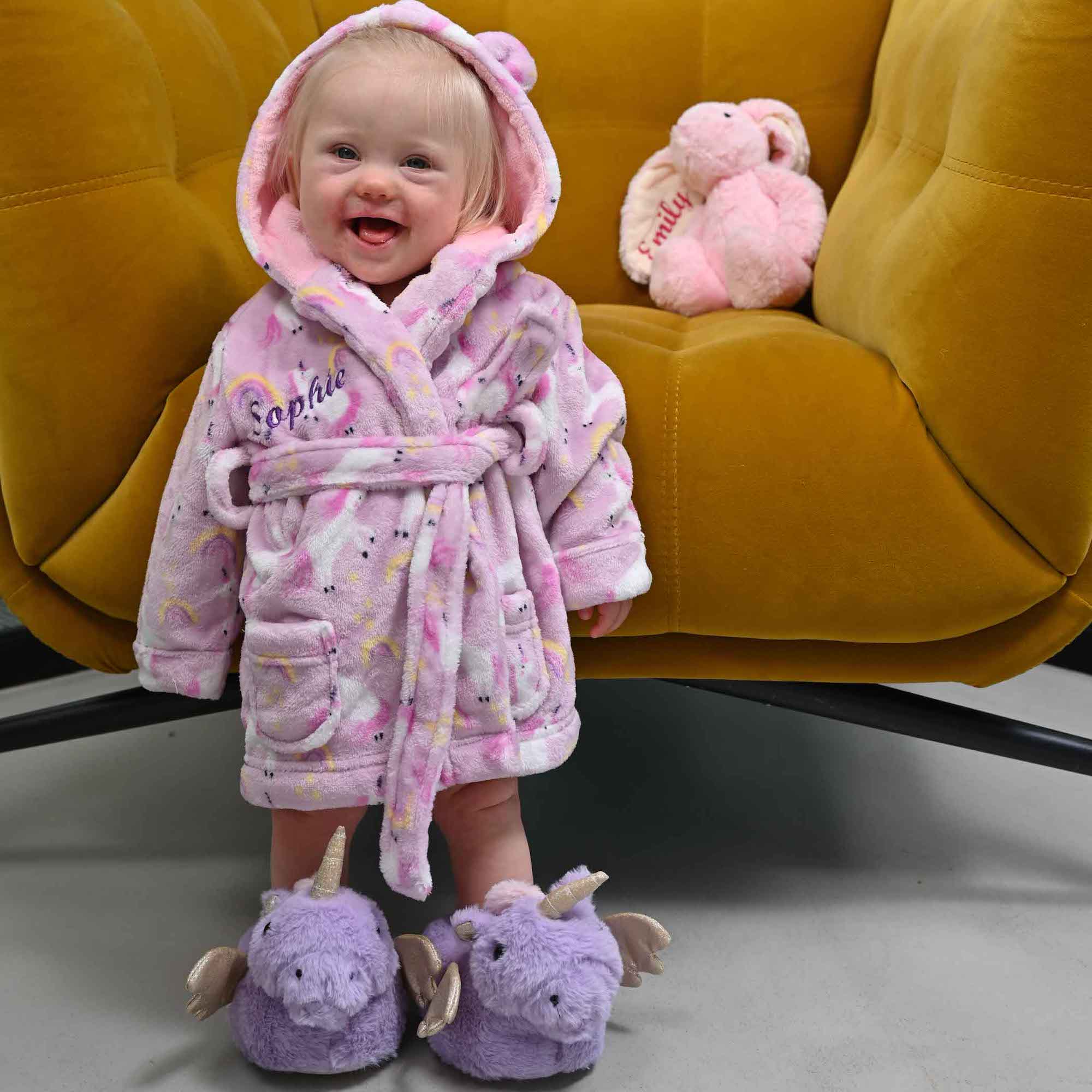 Lulabay baby girls personalised unicorn print hooded dressing gown