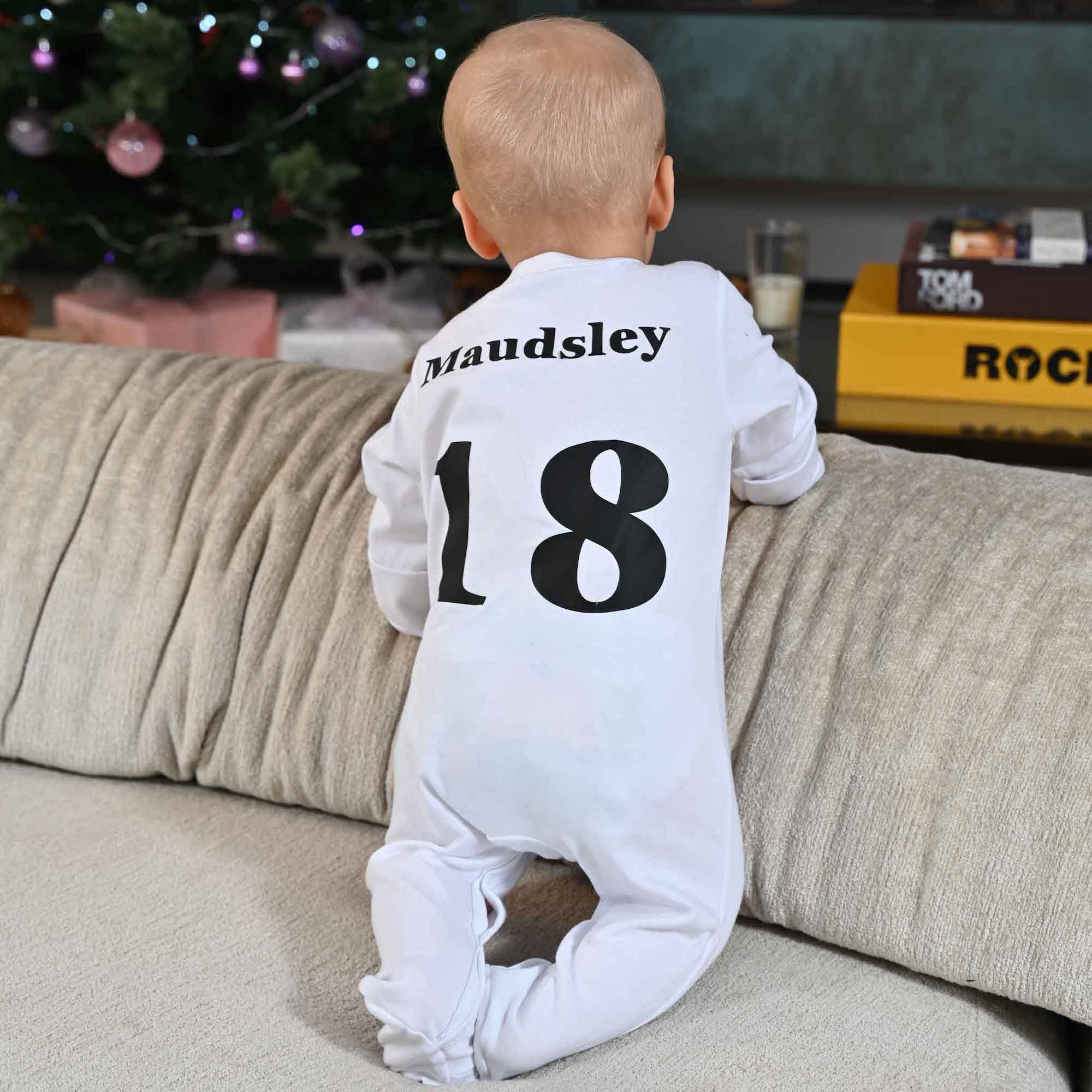 Babies personalised football theme sleepsuit