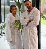 Man and women wearing Mr and Mrs dressing gown set from Lulabay