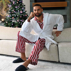 Man wearing luxury towelling robe as part of Mr and Mrs dressing gown set