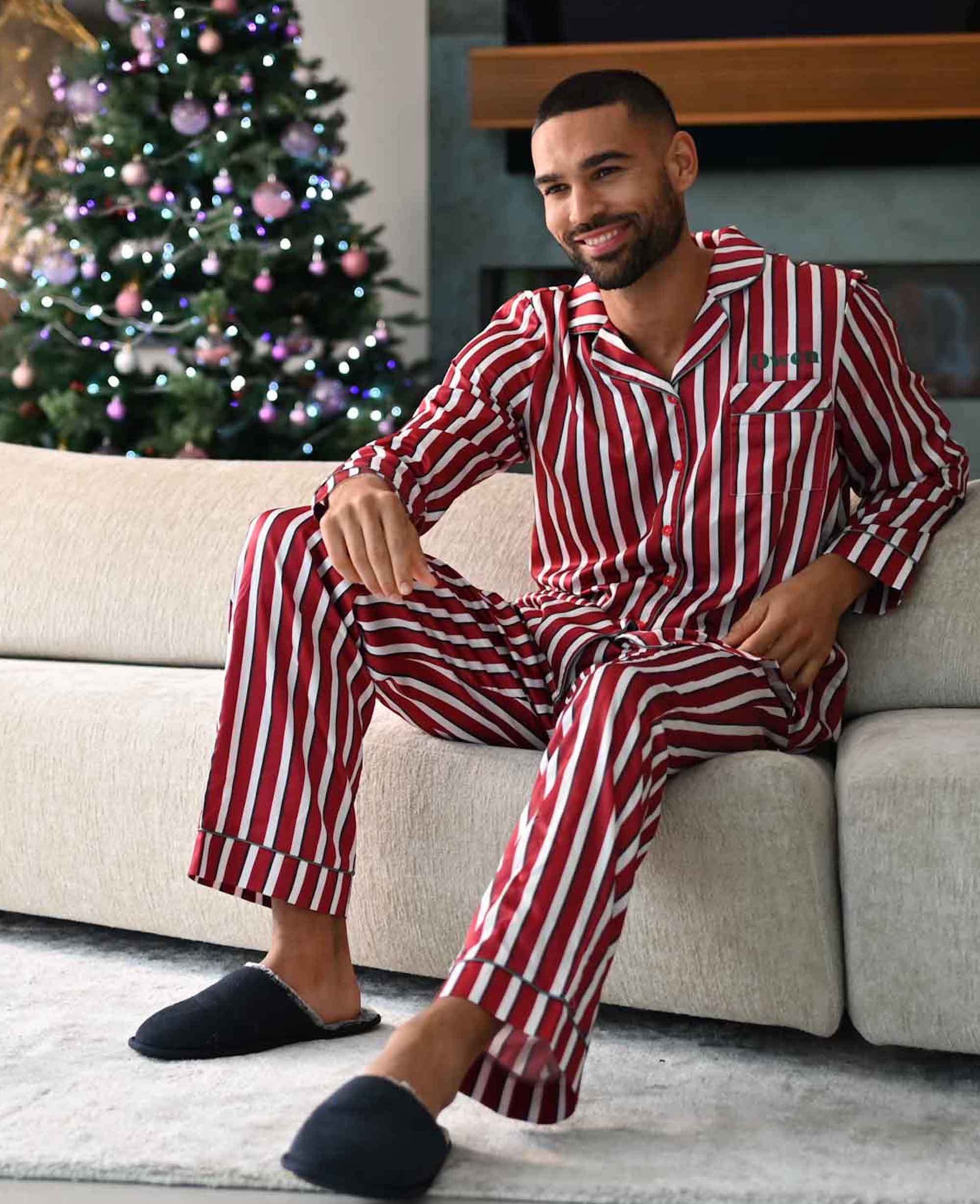 Mens personalised family stripe satin pyjamas